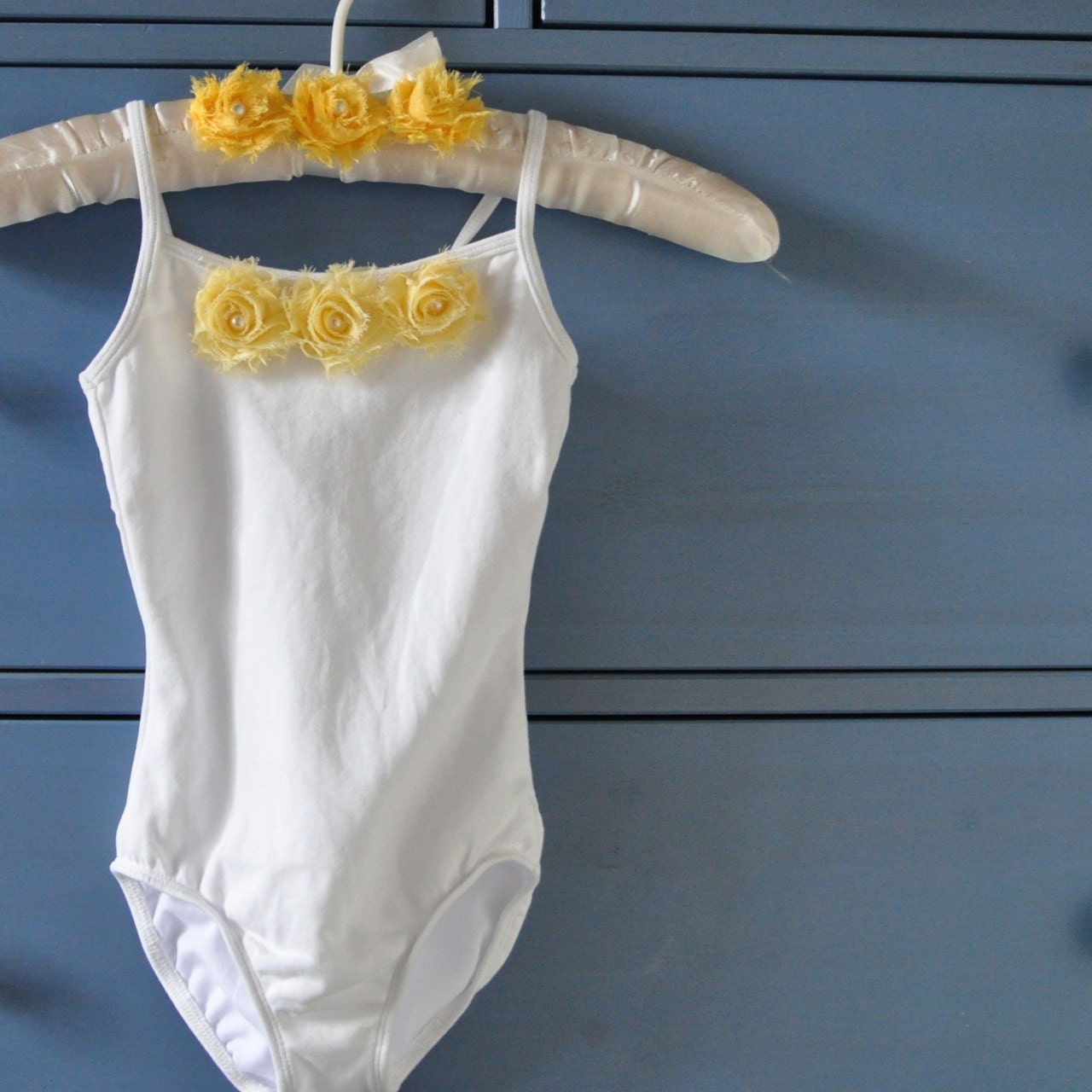 Girls pink or white camisole style lined leotard-- with coordinating shabby chic chiffon blossom.