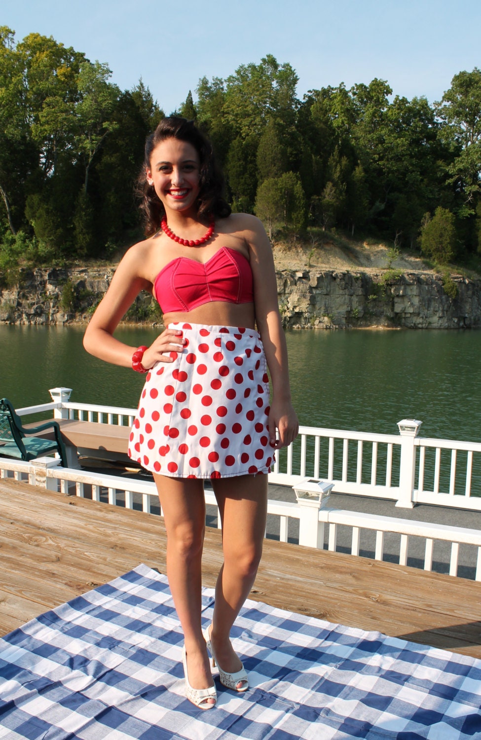 50s Bikini Bra Top Cherry Red Cotton Strapless Vintage 1950s Summer Blouse Medium M