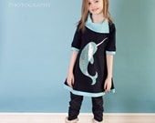 Narwhal Tunic or Dress, Unicorn of the Sea, navy, aqua, childrens clothing, girls dress, 2T, 3T, 4T, 5, 6, 7 (larger sizes also available)