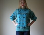 80s Aztec Sweater / Oversized Knit Top / Aqua Blue Teal Green Southwest Printed Sweater / Knitwear / Womens and Mens Sweater / Size medium