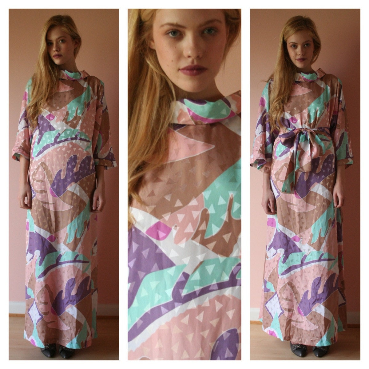 70s Caftan Maxi Dress Gown / Op Art / Pastel / Flo Weinberg Evening Gown / Haute Hippie Dress / WILL FIT MOST