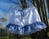 White womens bloomers shorts with blue ruffles and white lace-size small
