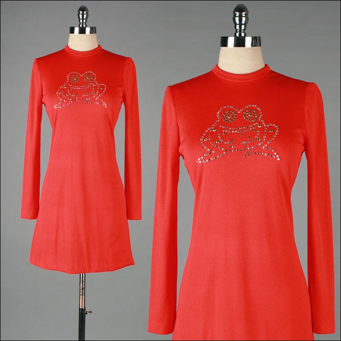 vintage 1970s dress . rhinestone frog . mini dress . 2816