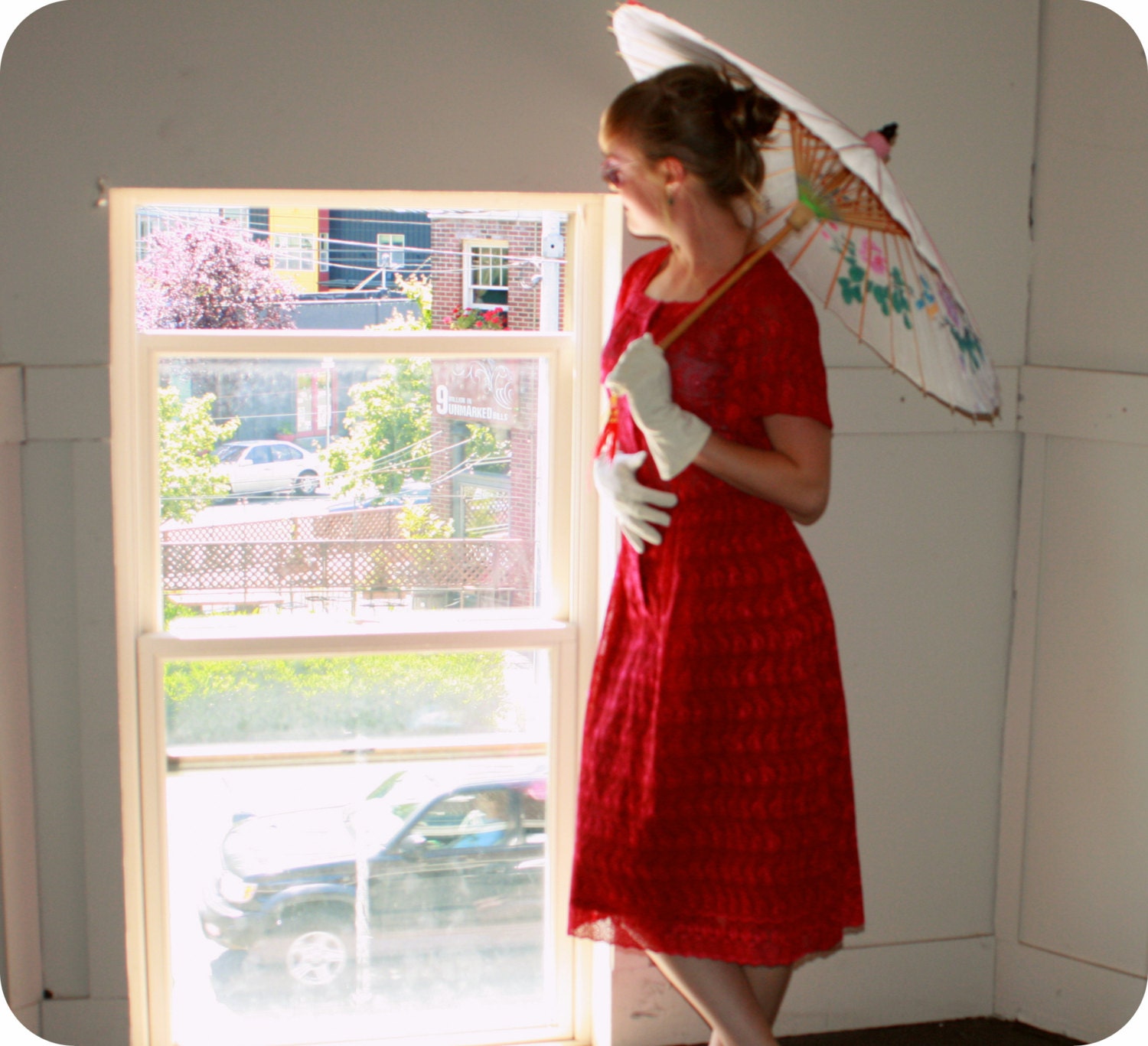 Vintage 1950's Sheer Raspberry Lace Eyelet Women's Dress