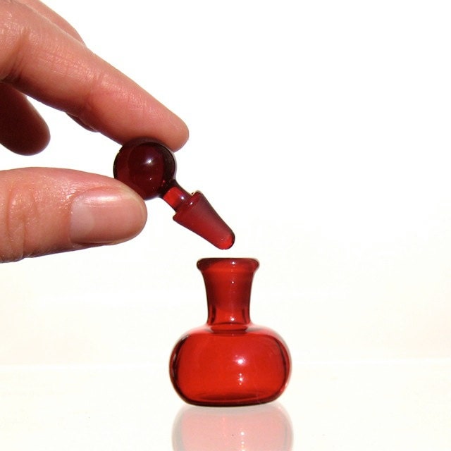 Perfume Bottle or Small Jar, Ruby Red Hand Blown Glass