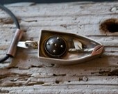 OOAK Fleur Boat Pendant, shadowbox, sterling, gold, copper, steel, watch wheels