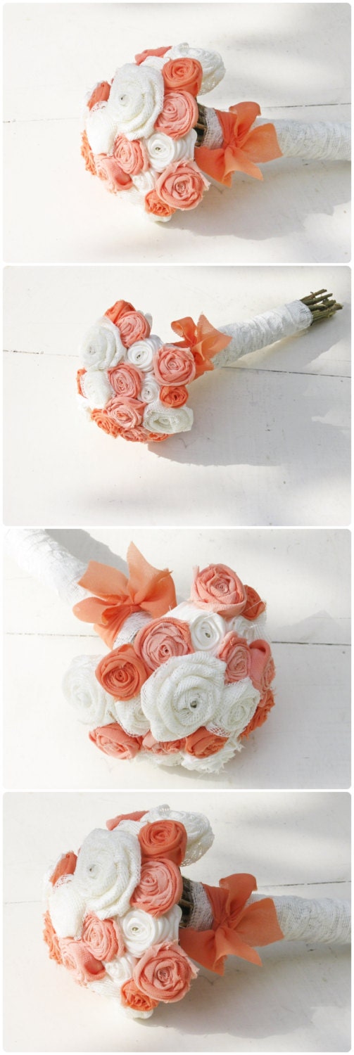 Rustic Wedding Bouquet Fabric Rose -Wrap Flowers - Salmon Peach Coral Orange Tangerine - Alternative Bouquet