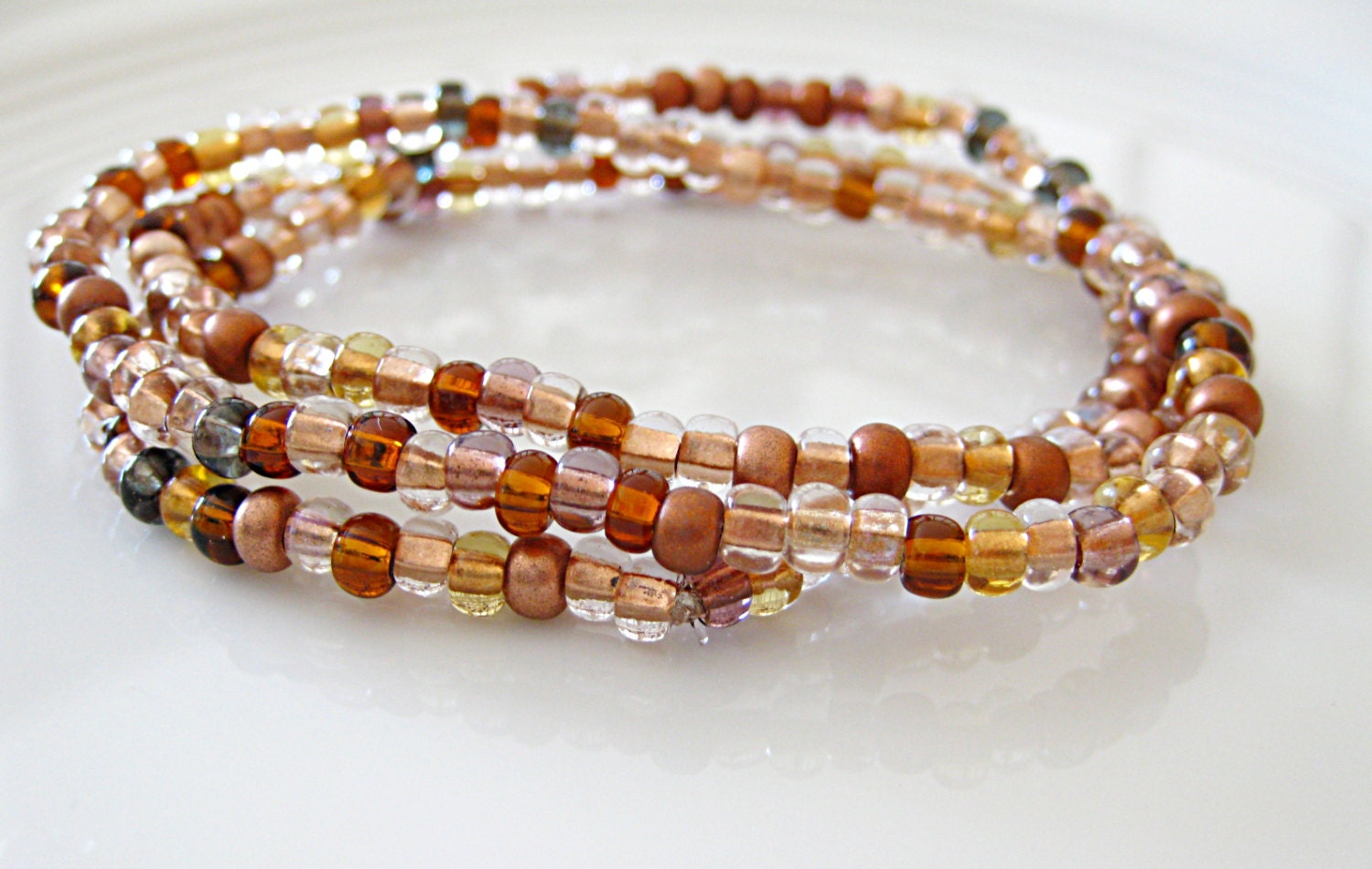 Copper Brown Seed Bead Elastic Bracelet Set - Stretchy, Stacking, Layering