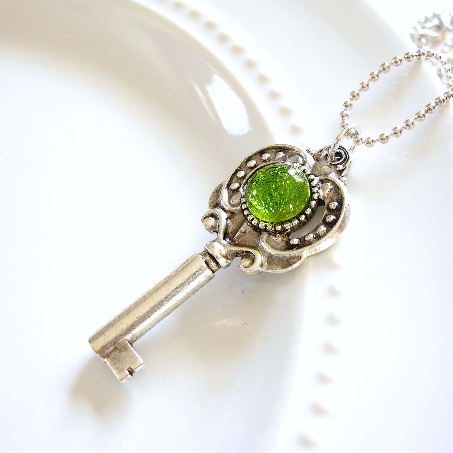 Skeleton Key Pendant, Green and Silver Key Necklace