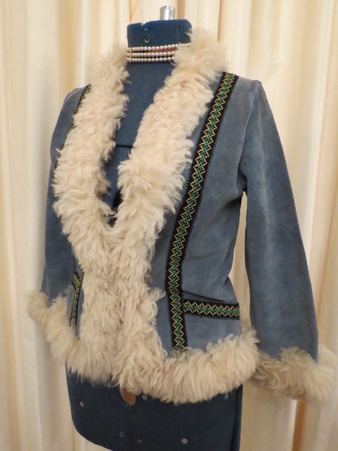 Vintage Blue Suede Mountain Coat Shearers Jacket With Wool and Tribal Hippie Trim Traditional Costume Child or Small Size Adult