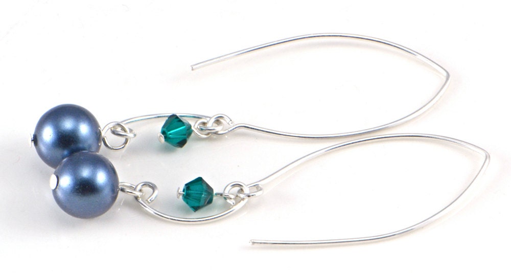 Black Shell Pearl, Emerald Swarovski Crystals, and Sterling Silver Marquis Earrings - May birthstone birthday