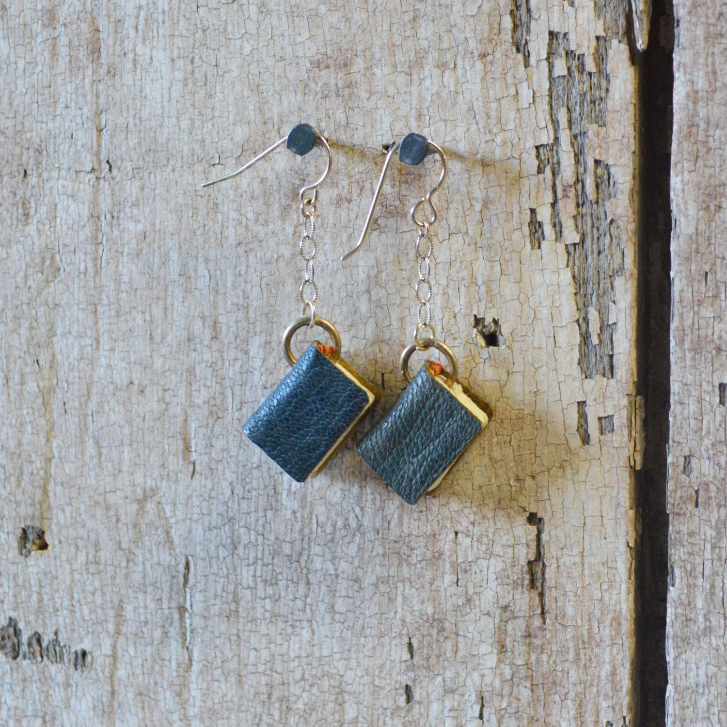 Book Earrings: Bookbinder's Blue reclaimed leather on silver