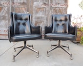 SUNDAY SALE-Pair of Mid Century Modern Swivel Chair in Black Vinyl and Brushed Metal  (Los Angeles)