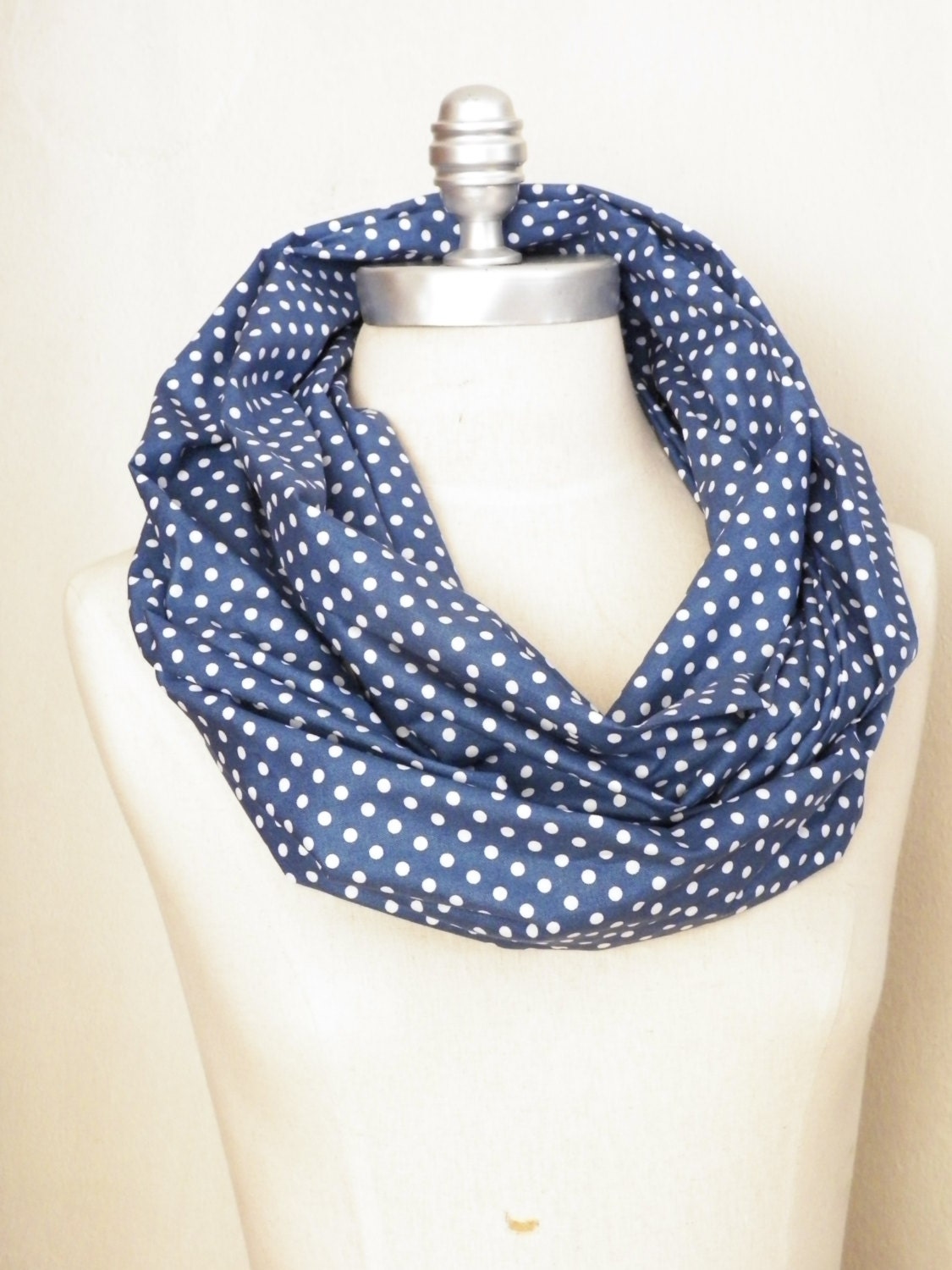 Infinity Scarf, Polka Dot Pattern, Denim Blue and White Cotton Fabric Loop Scarf, Medium Polka Dots