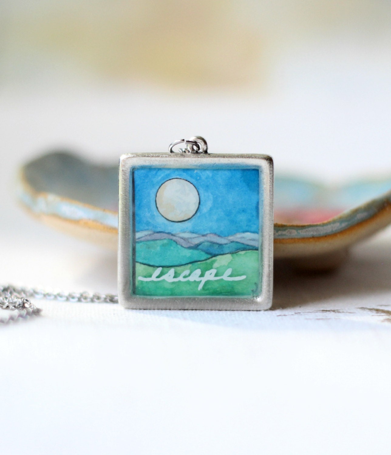 Escape travel necklace pendant, hand painted jewelry, moon over blue ridge mountains necklace