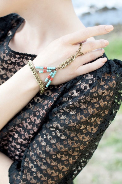 Handchain, Turquoise Slave Bracelet, Beaded Handchain, Boho Handpiece, Festival Jewelry