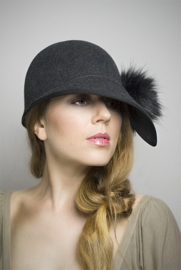 Cloche Hat Cap - Felt - Faux Fur Pom Pom