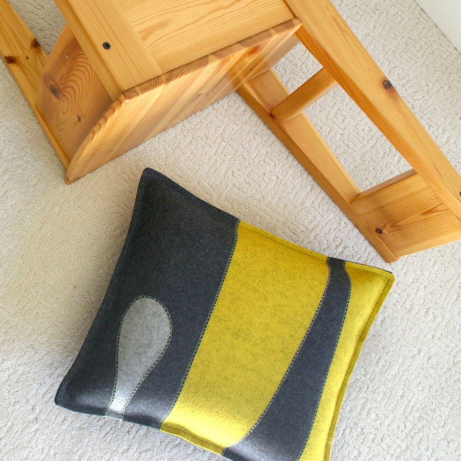 Felt Pillow in Charcoal and Mustard Merino Wool with Green Embroidery