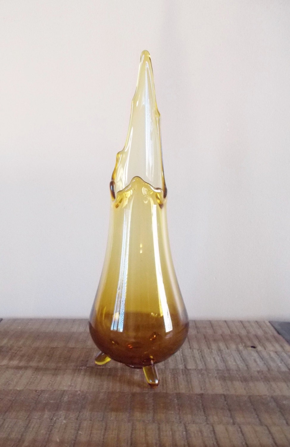 Vintage Fayette Three Footed Stretch/Swung Amber Glass Vase