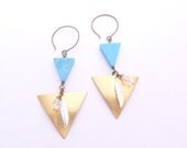 Turquoise Triangle Earrings, Tribal, Navajo, Silver Feathers, Quartz, Dangle,  Wire Wrapped Handmade Jewelry