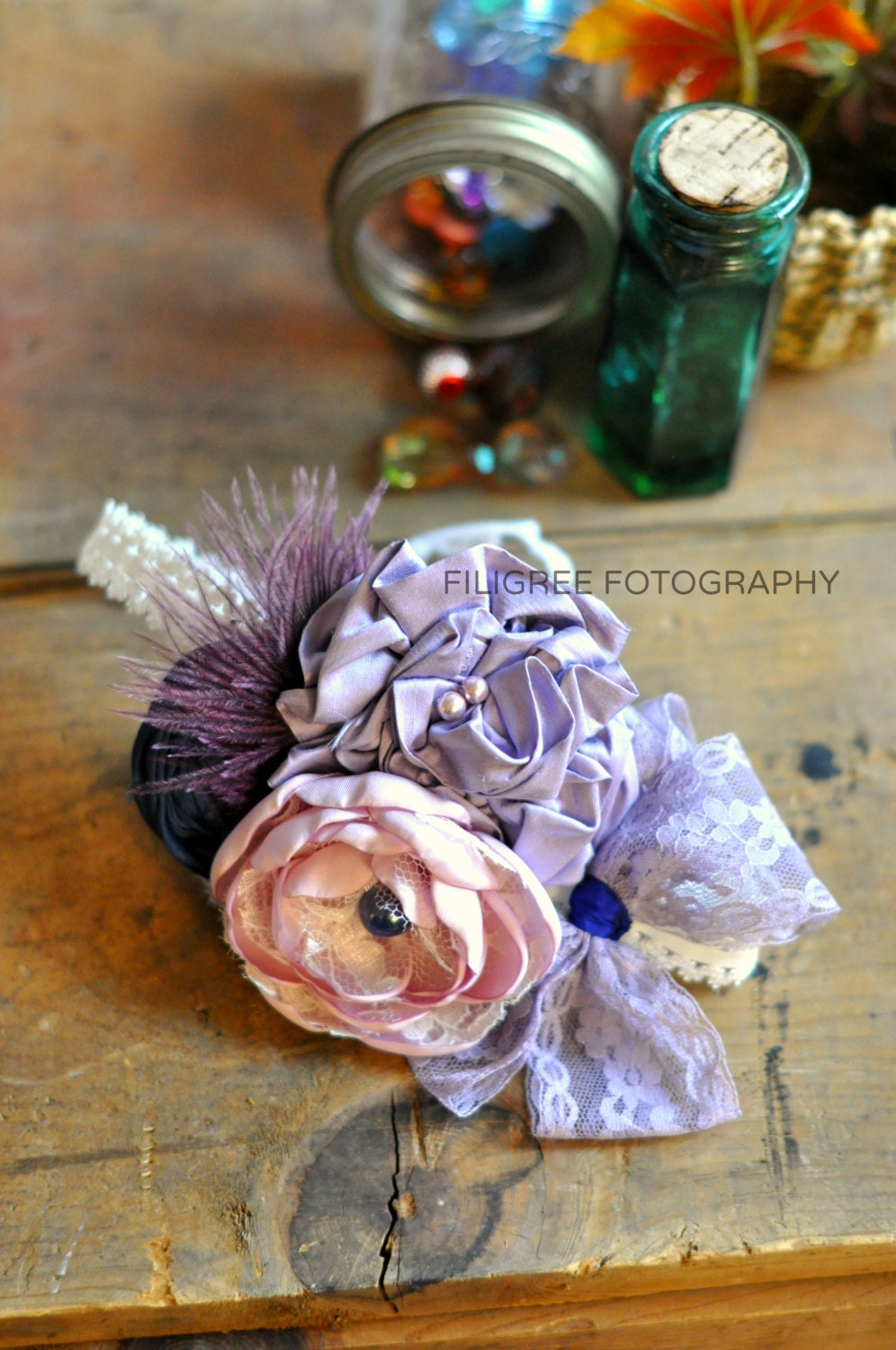 Purple silk and satin feathered headband    Ready to Ship