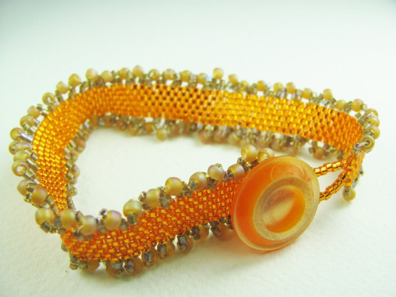 Orange Beadwork Bracelet with Vintage Button - SRAJD