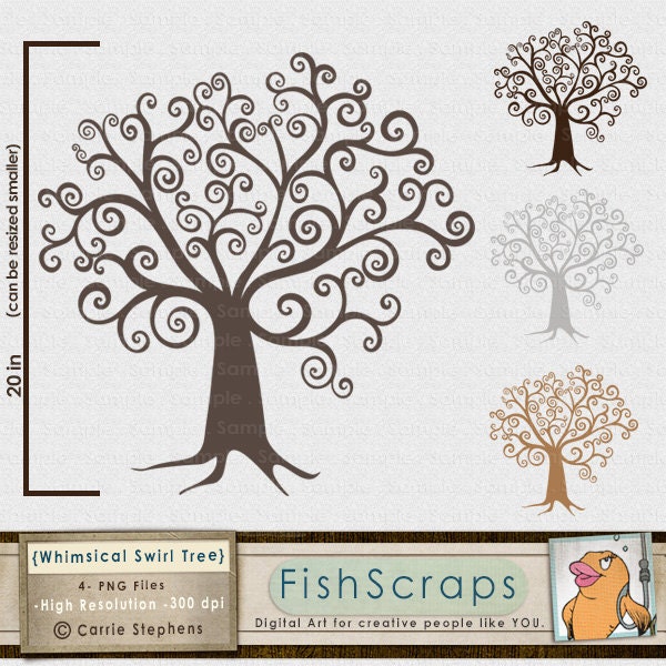 Tree Clip Art - Whimsical Swirl - DIY Family Tree Silhouette - Digital  - Commercial Use Graphics - Finger Print Tree - DIY Guest Books