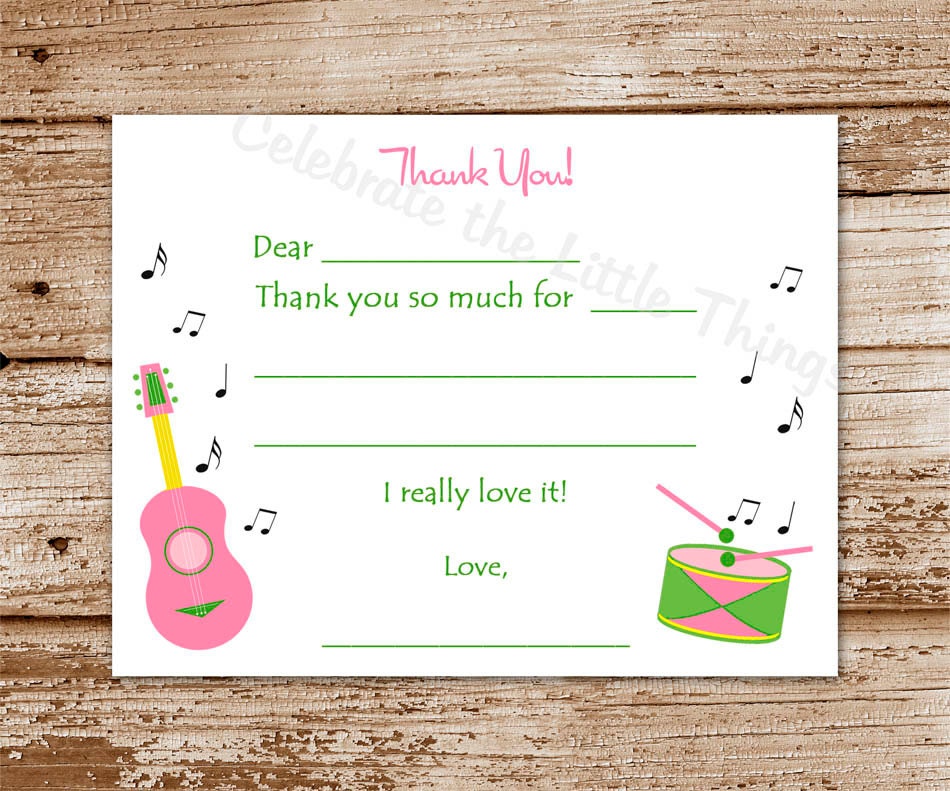 SET of 12 Kids MUSIC Time Fill-In Thank You Cards : Guitar, Drum, Boy or Girl, Pink or Blue Il_170x135