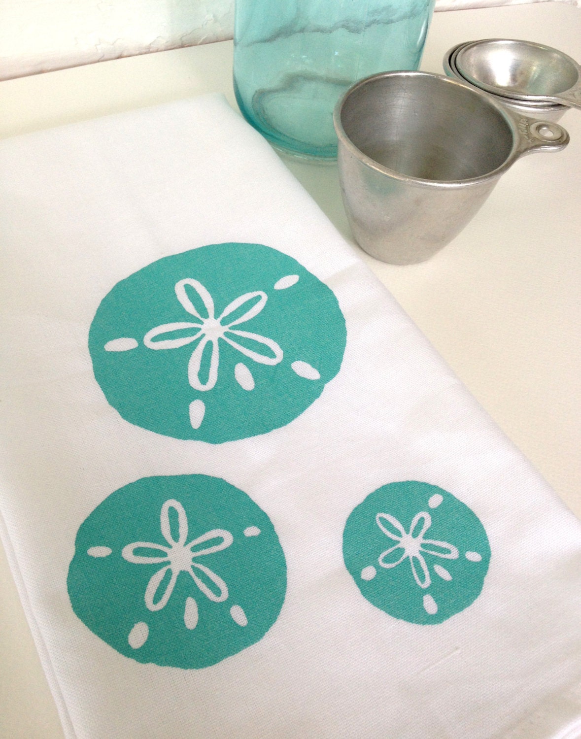 Tea Towel. Sand Dollar. Aqua. Hand Screen Printed.