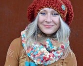 JUMBO SLOUCHY Beanie hat in Fall Red Crochet slouch hat TRISKELE button hand made Hat Women slouchy Beanies red Beret