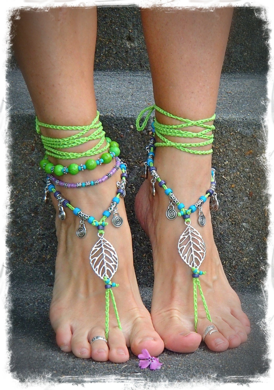 NEON green BAREFOOT sandals LEAF Toe anklets Woodland Fairy Tribal Anklet Sandals Gypsy sole less shoes Crochet sandals Bikini jewelry
