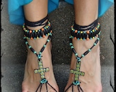Mosaic CROSS BAREFOOT Sandals Black FESTIVAL sandals Cowgirl Toe Anklets crochet Sandals Statement shoes sole less shoes foot jewelry