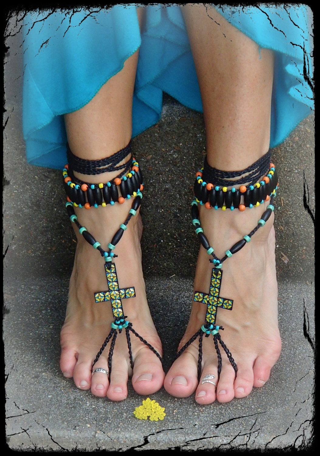 Mosaic CROSS BAREFOOT Sandals Black FESTIVAL sandals Cowgirl Toe Anklets crochet Sandals Statement shoes sole less shoes foot jewelry