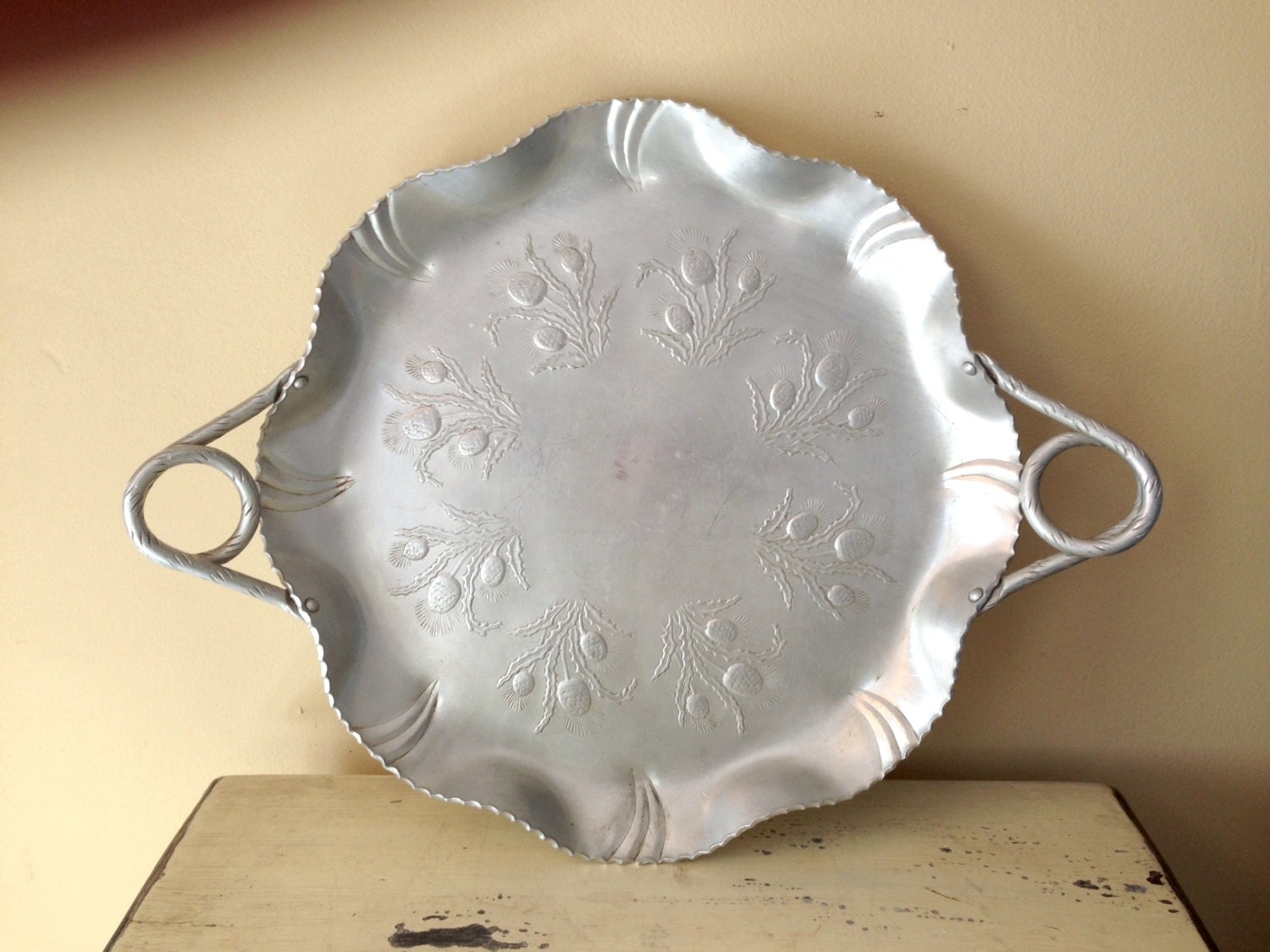 Vintage Aluminum Tray Round Thistle Flower Pattern Swirl Handles Crimped Edges
