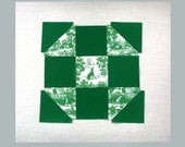 9 inch Quilt Block, Green Toile, fussy cut greyhound, rabbit, and fox print . sit r
