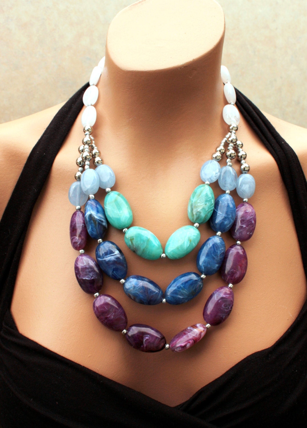 Bold, Colorful, Statement Necklace,Bib Necklace, Blue, Purple, and Turquoise, Lady of Atlantis