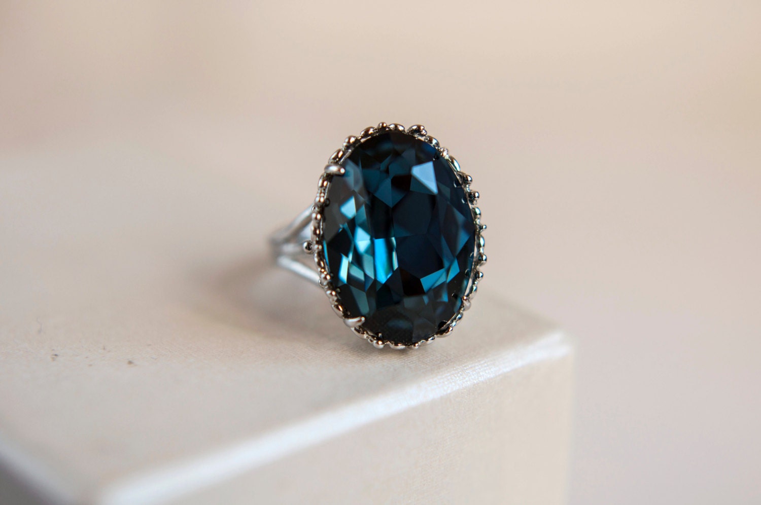 Swarovski Crystal Ring - Montana Blue -  oval cabochon - rodhium base