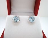 14K White Gold Aquamarine & Diamond Stud Earrings 1.80 Carat  VVS1 HandMade Micro Pave Set