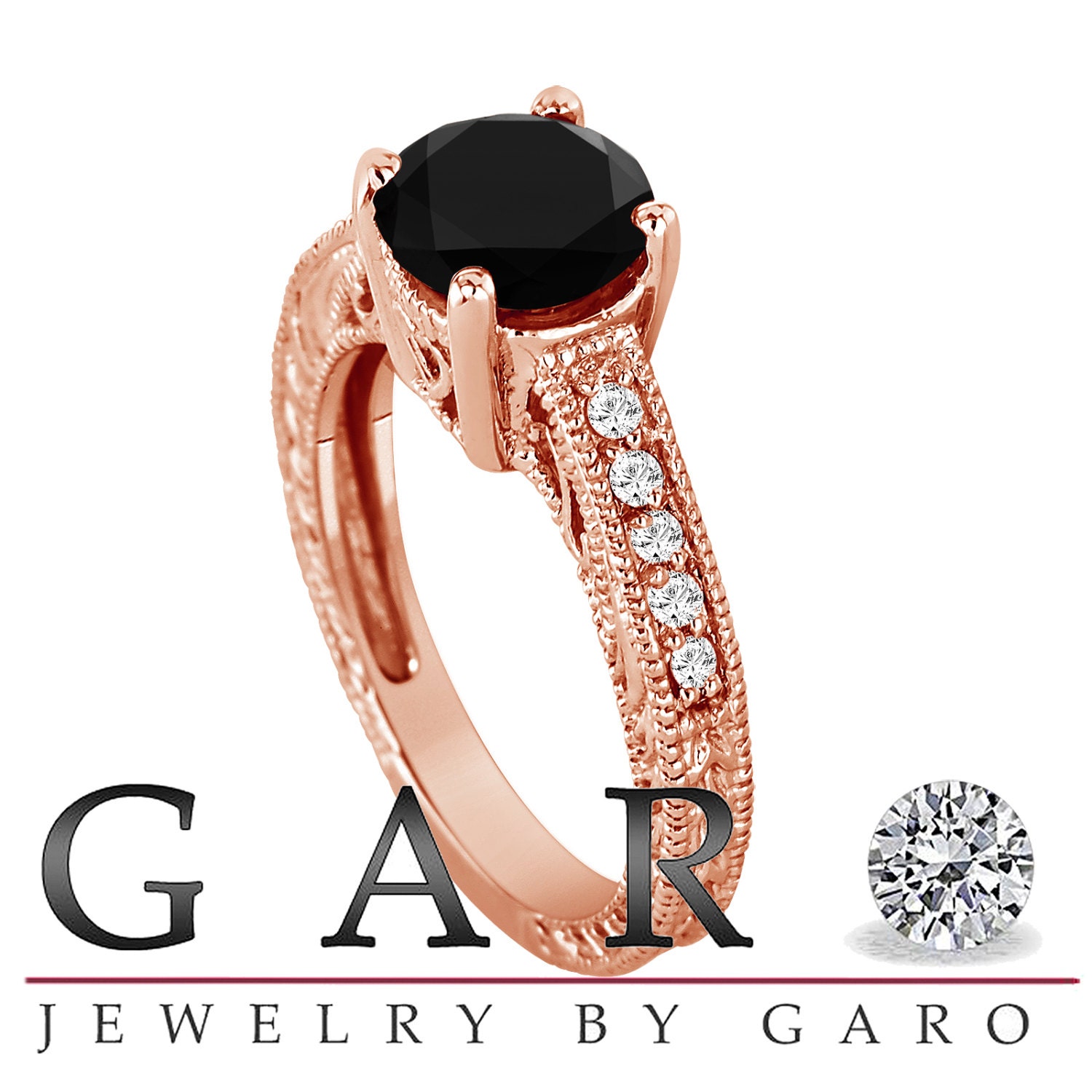 14K Rose Gold Certified 1.66 Carat Fancy Black & White Diamond Engagement Ring Handmade Vintage Style