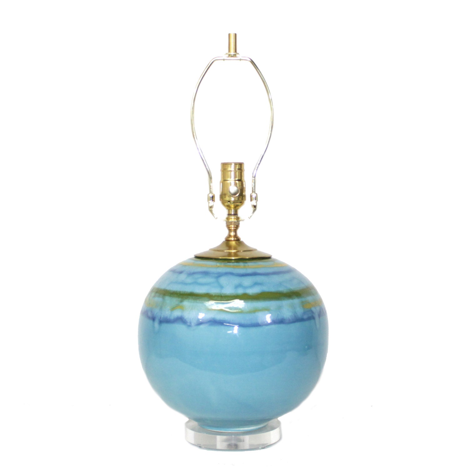 Mid-Century Modern Italian Pottery and Lucite Lamp with a Ringed Drip Glaze
