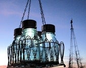 Mason Jar Chandelier Solar Lights, Antique Blue Mason Jars, Black Wire Basket, Upcycled Lighting, Wedding Garden Party