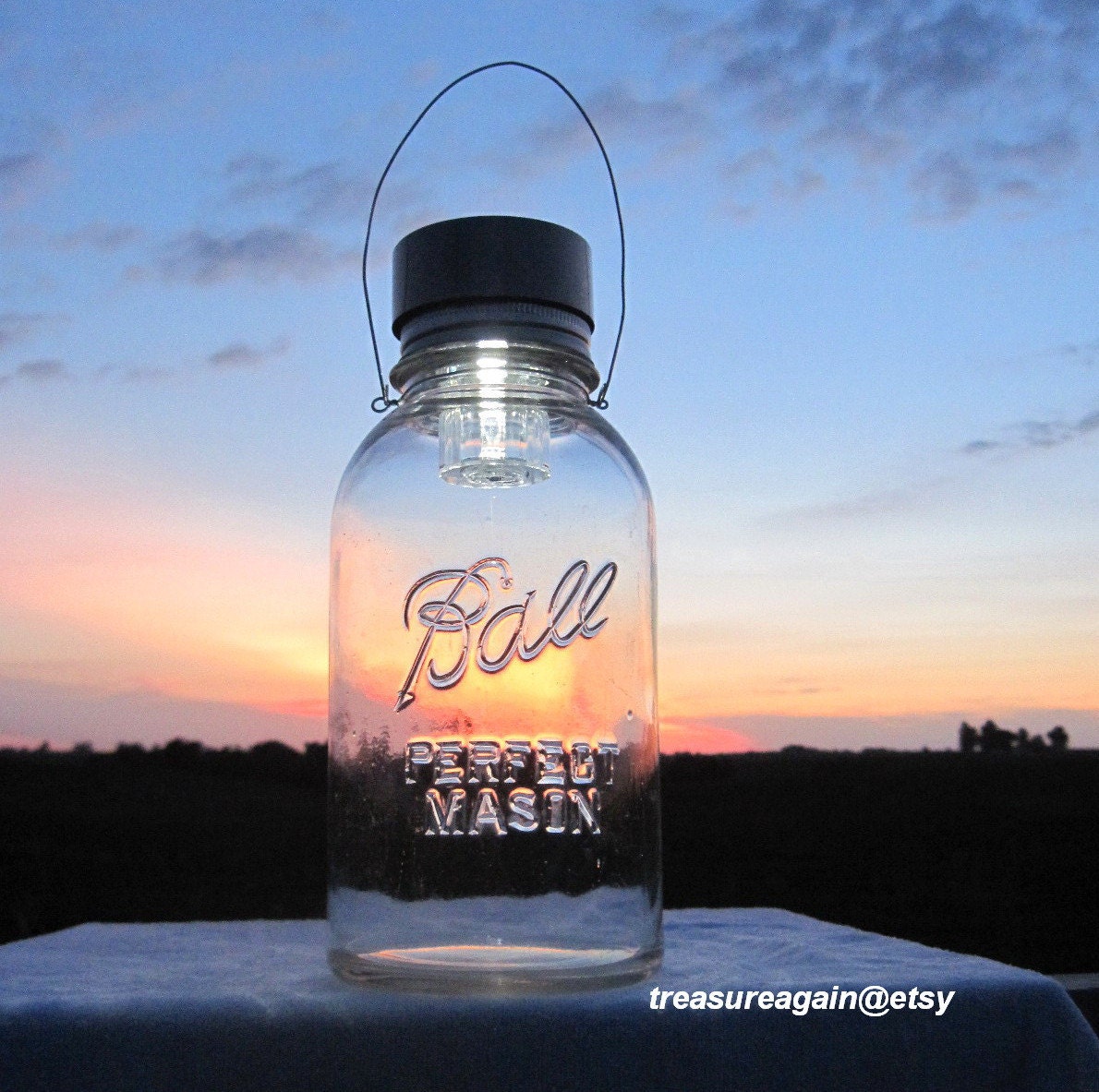 LARGE Ball Jar Light Combo Clear Glass Jar Mason Jar Solar Light Antique Half Gallon, Hanger and Flower Frog Lid, Handmade Upcycled Lantern