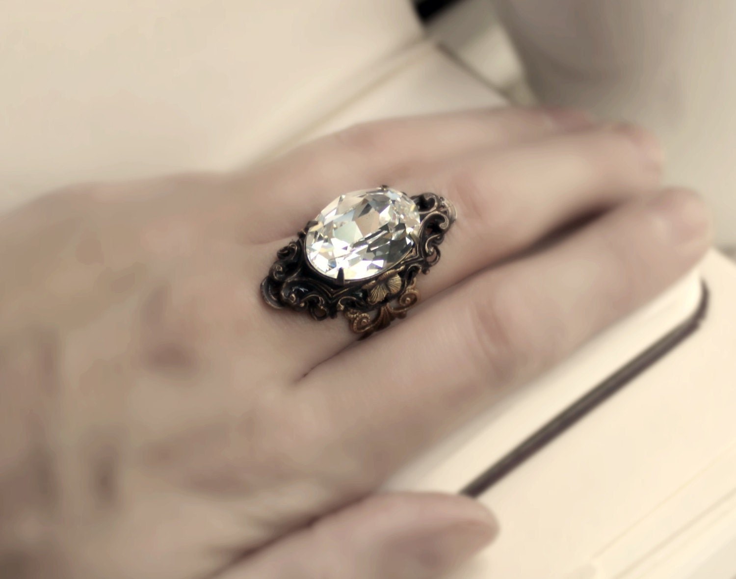 Duchess Distressed Brass and Swarovski Ring - Crystal - Victorian - Vintage - Fall - Autumn - Wedding - Bridal