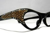 Vintage Cat Eye Glasses. Black with Rhinestones and Gold Snakeskin Designs