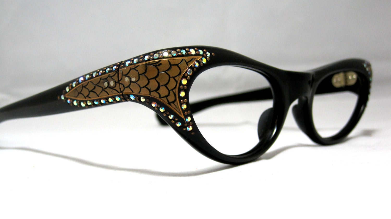 Vintage Cat Eye Glasses. Black with Rhinestones and Gold Snakeskin Designs