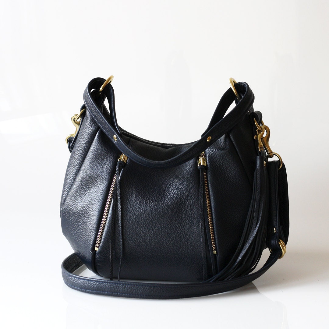 Blue Leather handbag purse - OPELLE Baby Ballet Bag - Soft Pebbled Leather w Zipper Pockets in Mariner