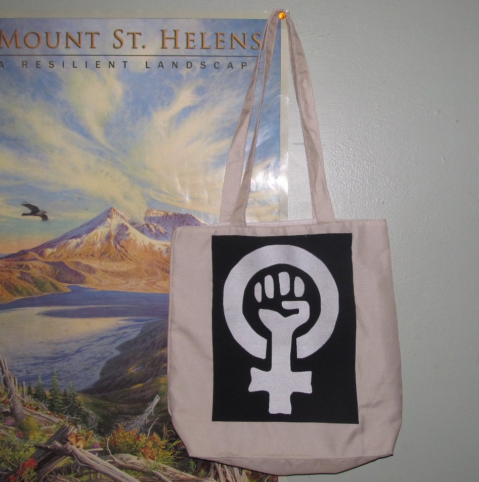 Feminist Fist Canvas Tote Bag, Beige - off white natural sturdy white black handlefeminism patches woman power