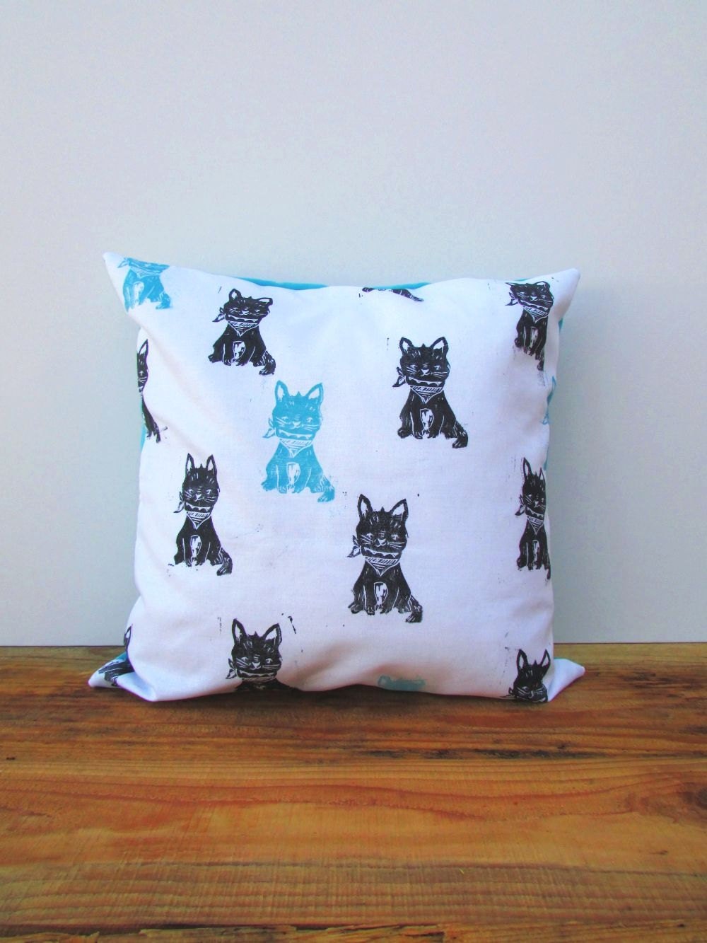 Cat Throw Pillow Cover. 16x16. Kitten in a Bandana. Hand Woodblock Printed. Choose ANY Color. Made to Order.