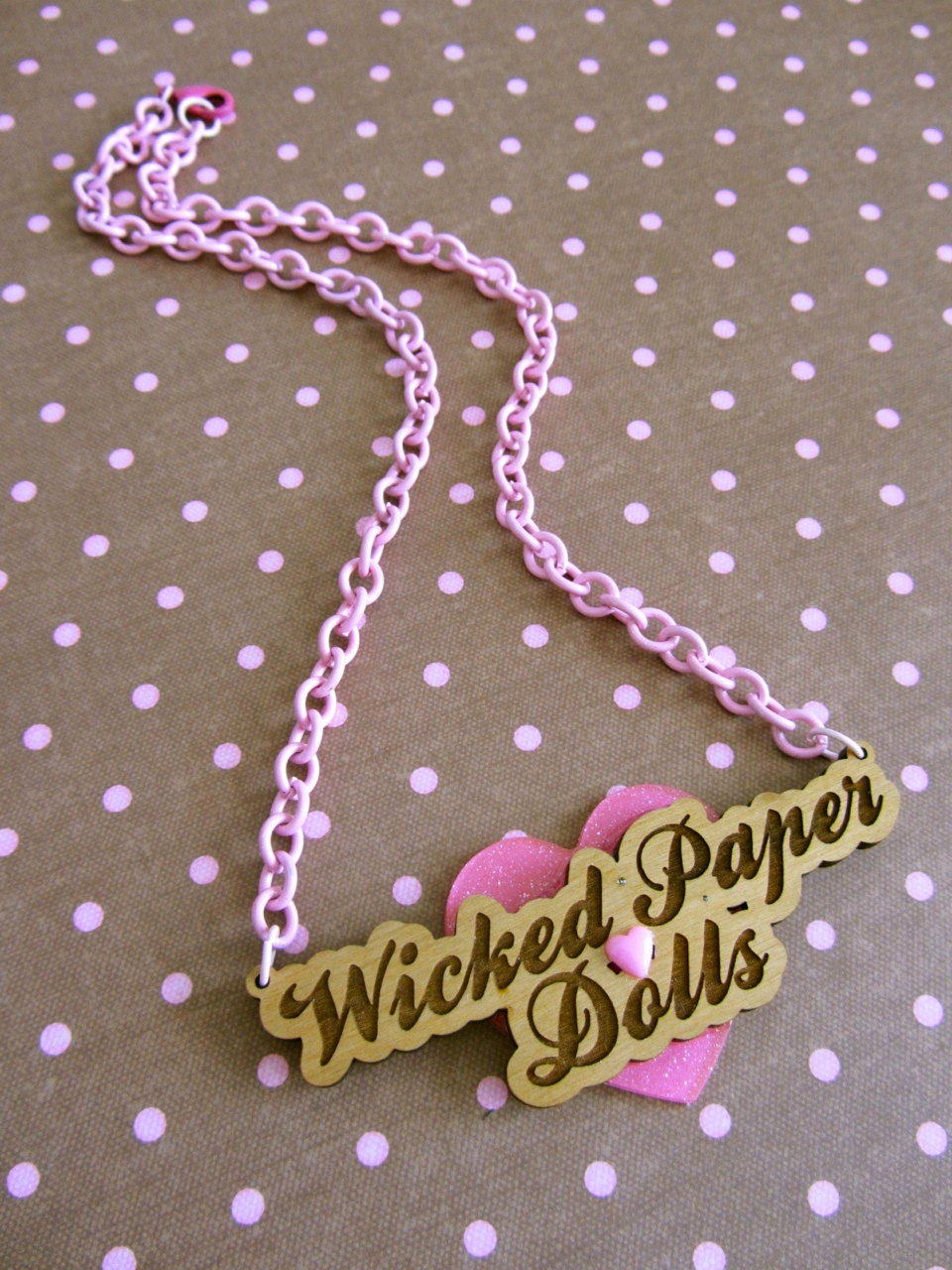 Pink Wicked Paper Dolls Cherry Wood Name Plate Pendant