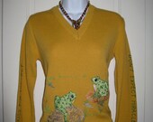 Vintage 1970's Fairy Tale Frogs Cute Humorous Cyn Les Embroidered Shirlee Designs Sweater size Medium